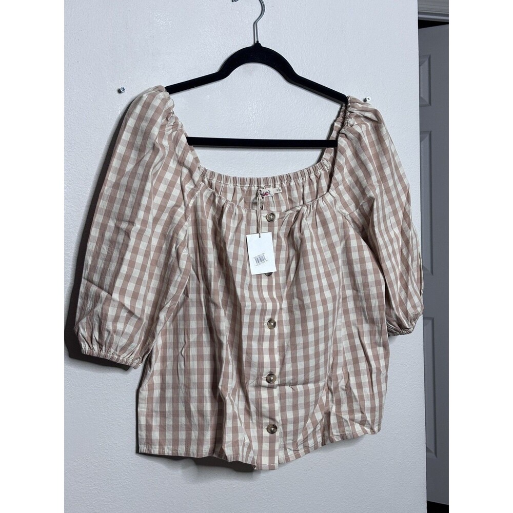 NWT Faherty Cali Check Puff Sleeve Beige Gingham Organic Cotton Top - Small